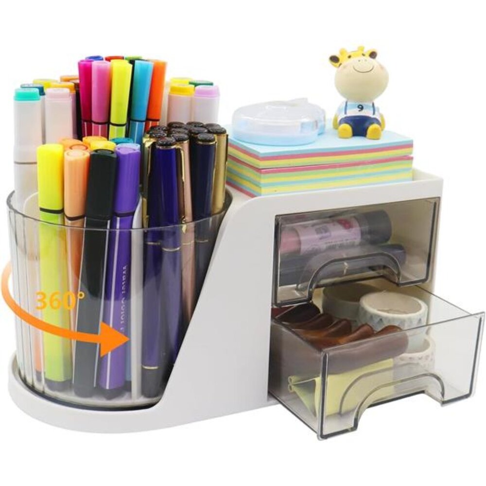 Desk Organizer with Rotating Pen Holder: White Caddy with 2 Drawers for School‎